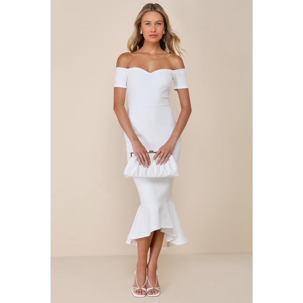 Lulus White Off Shoulder Bodycon Mermaid Trumpet Midi Dress XL Bridal Wedding